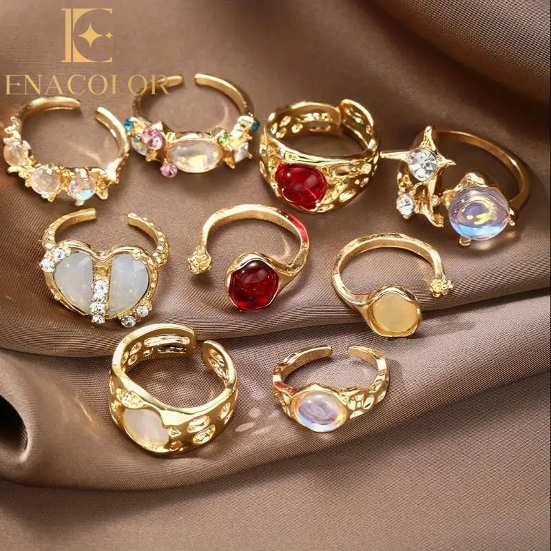 Enacolor 9Pcs/Set Vintage Punk Style Fashion Rings Imitation Ruby Rings