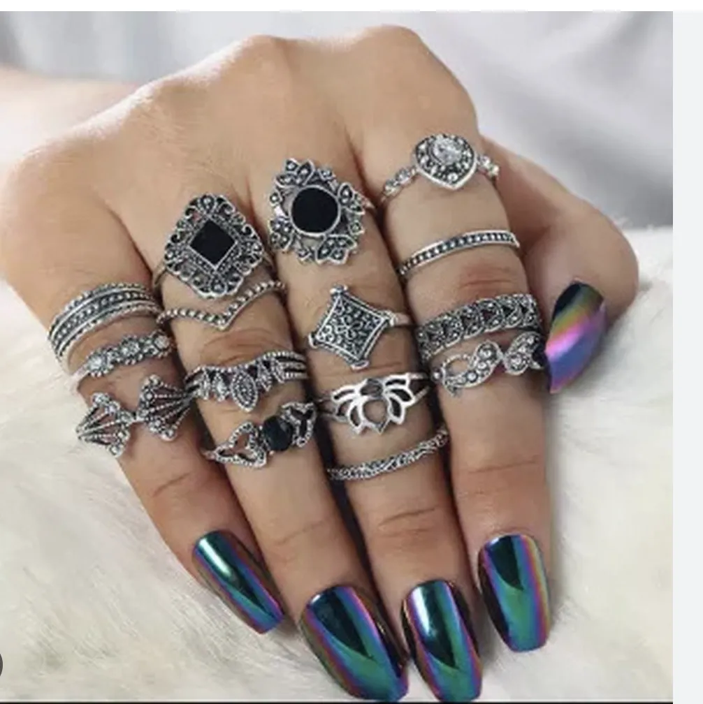 15 Piece/Set Bohemian Retro Crystal Flower Leaves Leaves Blank Padma Gem Silver Ring