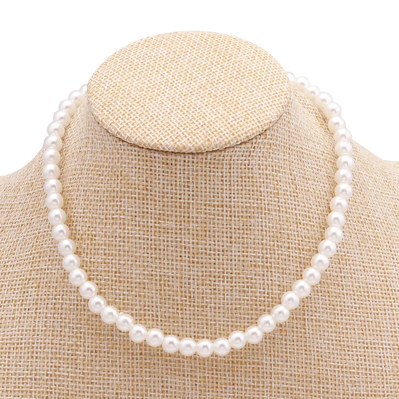 Gothic Baroque Imitation Pearl Chain Necklace - Women's Bridal Wedding Beaded Choker, White and Golden