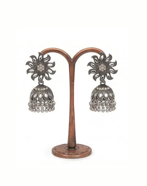Sparkling Floral Mirror Work Oxidized Jhumka Earrings