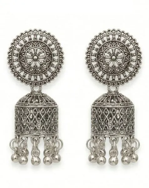 Vintage Oxidized Silver Mandala Jhumka Earrings – Traditional Ethnic Wear
