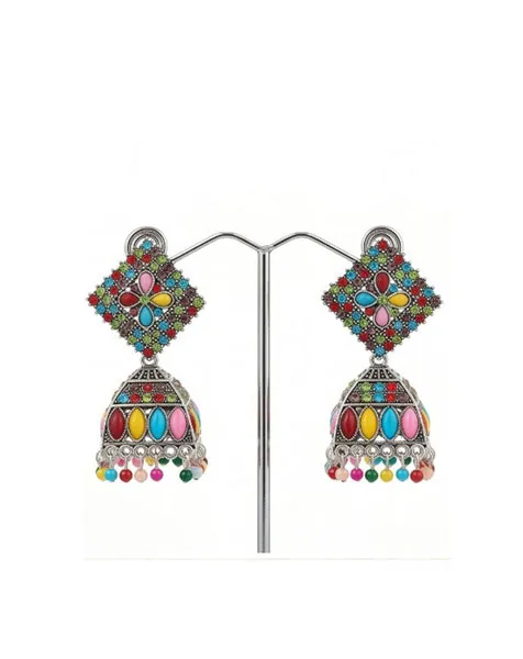 Elegant Matte Black Geometric Square Jhumka – Silver Toned