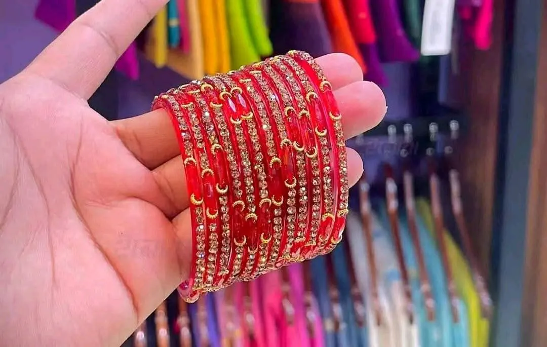 Most Demanding Raindrop/Rainbow glass bangles with stone work.premium quality 12 piece multicolor churi thumbnail