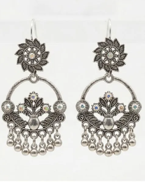 Vintage Silver Oxidized Floral Chandbali Earrings with Stone Accents thumbnail