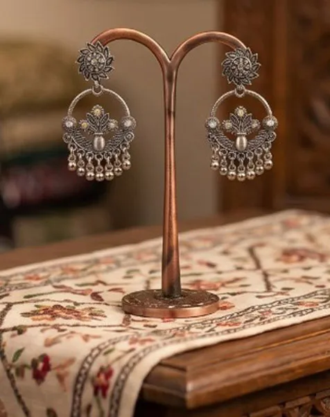 Vintage Silver Oxidized Floral Chandbali Earrings with Stone Accents thumbnail