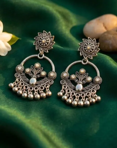 Vintage Silver Oxidized Floral Chandbali Earrings with Stone Accents thumbnail