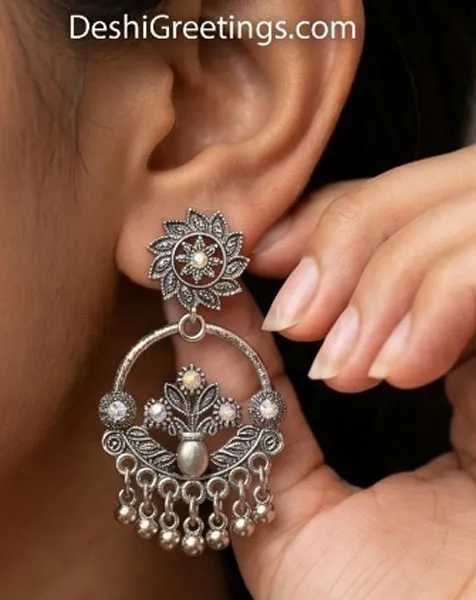 Vintage Silver Oxidized Floral Chandbali Earrings with Stone Accents thumbnail