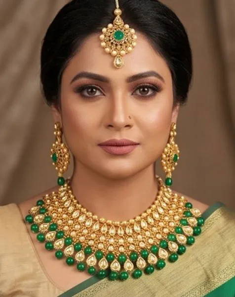 Emerald Elegance Kundan Choker Set includes a statement choker matching drop earrings, and a coordinated maang tikka. thumbnail
