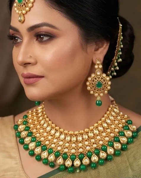 Emerald Elegance Kundan Choker Set includes a statement choker matching drop earrings, and a coordinated maang tikka. thumbnail