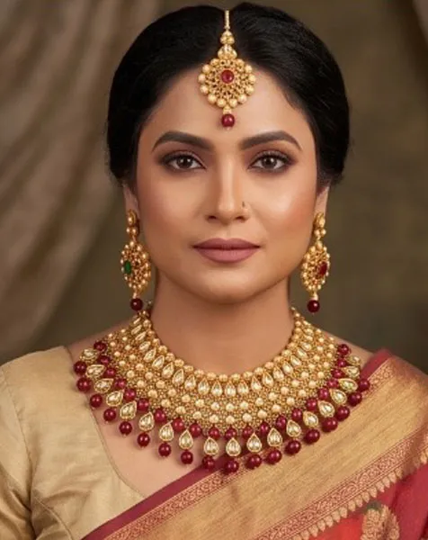 Regal Crimson & Gold Kundan Jewelry Set includes a statement choker matching drop earrings, and a coordinated maang tikka. thumbnail