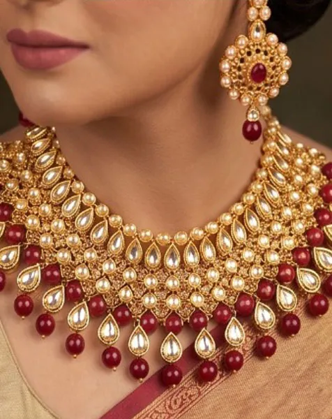 Regal Crimson & Gold Kundan Jewelry Set includes a statement choker matching drop earrings, and a coordinated maang tikka. thumbnail