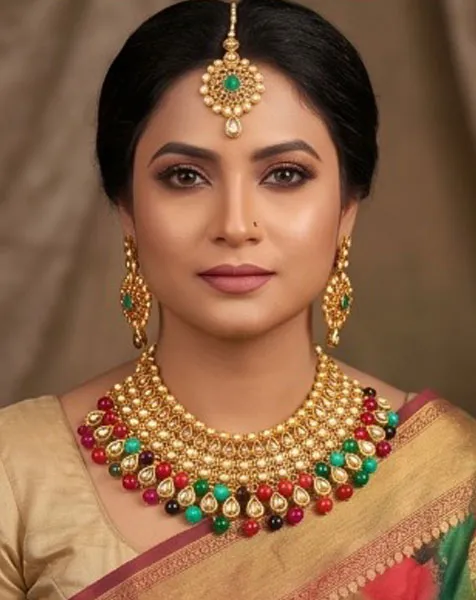 Royal Kundan-Style Multicolored Choker Jewelry Set includes a statement choker matching drop earrings, and a coordinated maang tikka. thumbnail