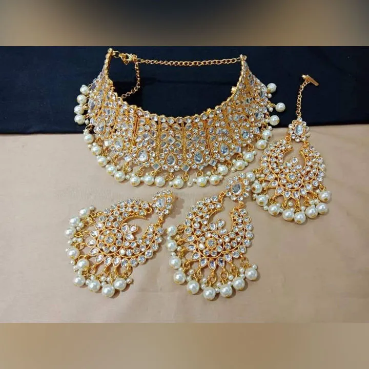 Traditional Wedding/Party Bridal Choker Necklace Earrings And Tikli Jewellery Set - Necklace - Necklace For Girls thumbnail