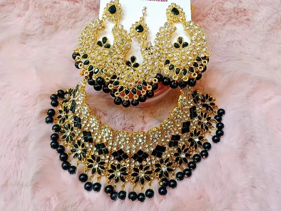 Traditional Wedding/Party Bridal Choker Necklace Earrings And Tikli Jewellery Set - Necklace - Necklace For Girls thumbnail