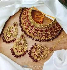 Traditional Wedding/Party Bridal Choker Necklace Earrings And Tikli Jewellery Set - Necklace - Necklace For Girls thumbnail