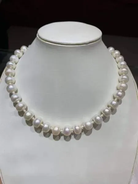 Gothic Baroque Imitation Pearl Chain Necklace - Women's Bridal Wedding Beaded Choker, White and Golden thumbnail