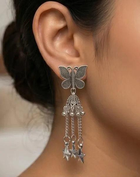 Sparkling Floral Mirror Work Oxidized Jhumka Earrings thumbnail