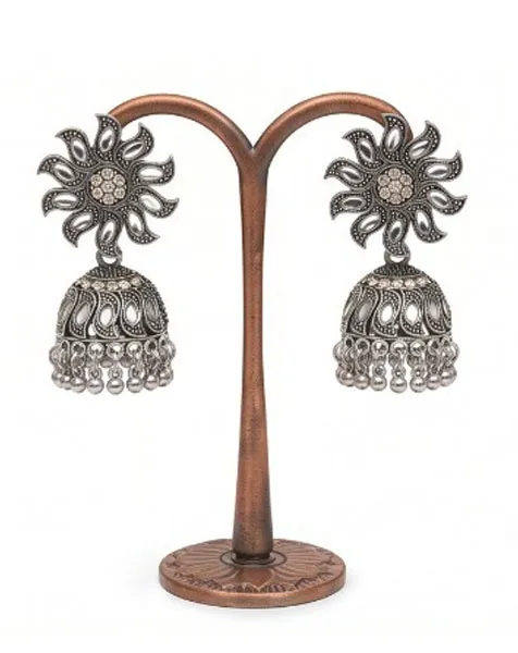 Sparkling Floral Mirror Work Oxidized Jhumka Earrings thumbnail