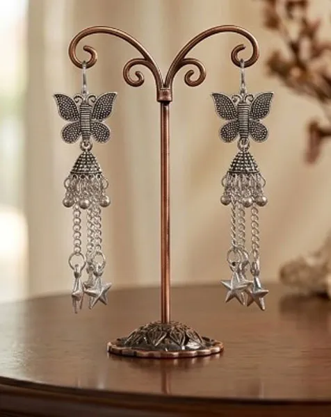 Enchanting Oxidized Butterfly Tassel Earrings with Star Charms thumbnail