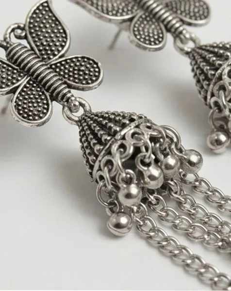 Enchanting Oxidized Butterfly Tassel Earrings with Star Charms thumbnail
