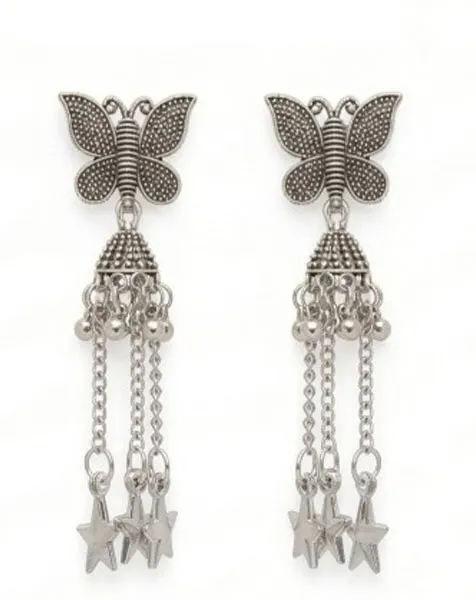 Enchanting Oxidized Butterfly Tassel Earrings with Star Charms thumbnail