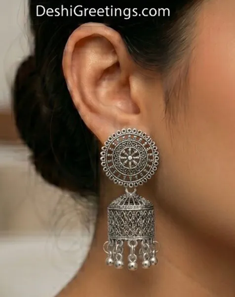 Vintage Oxidized Silver Mandala Jhumka Earrings – Traditional Ethnic Wear thumbnail