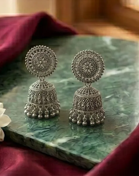 Vintage Oxidized Silver Mandala Jhumka Earrings – Traditional Ethnic Wear thumbnail