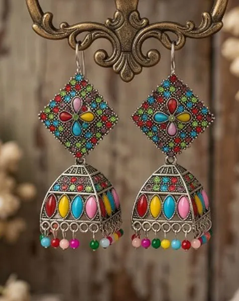 Elegant Matte Black Geometric Square Jhumka – Silver Toned thumbnail