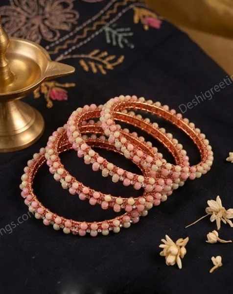 Pink Blossom Rose Gold Beaded Bangle Set 4 pcs thumbnail