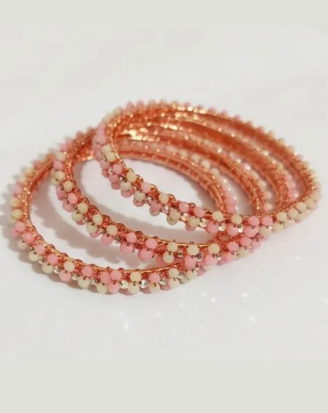 Pink Blossom Rose Gold Beaded Bangle Set 4 pcs thumbnail