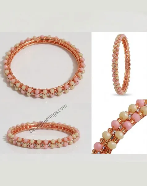 Pink Blossom Rose Gold Beaded Bangle Set 4 pcs thumbnail