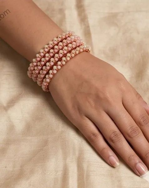 Pink Blossom Rose Gold Beaded Bangle Set 4 pcs thumbnail