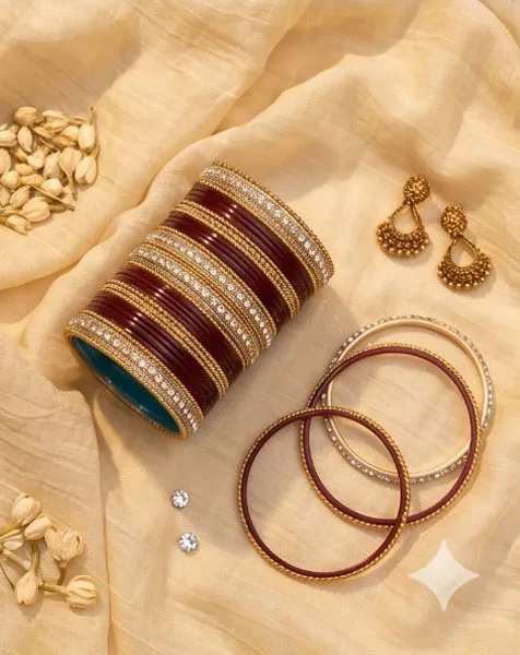 Imperial Maroon& Gold Diamond Churi Set thumbnail